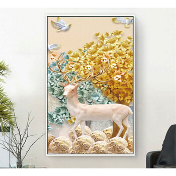 过道玄关装饰画发财鹿 走廊竖版挂画北欧风景壁画简约