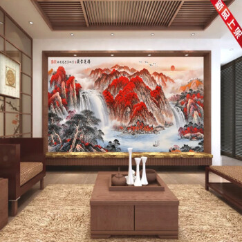 大型山水画中式山水风景鸿运当头大型壁画3d客厅背景影视壁纸水墨国画