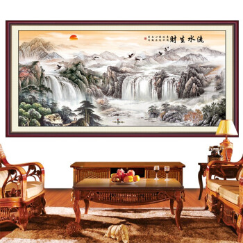 豪咖国画客厅山水画风水画自粘整张贴画沙发背景墙画办公室贴画流水生