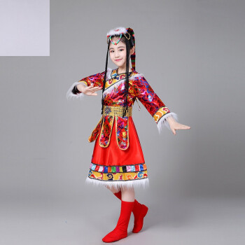 舞蹈水袖少数民族女童舞蹈服女孩跳舞表演服装 红色 头饰 腰带 鞋套