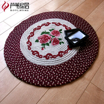 
                                        芦苇 手工硬底圆形玫瑰麻编地垫客厅卧室电脑椅垫地毯 直径75cm圆形                