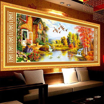 
                                        K-S精准印花十字绣套件新款客厅大幅财源滚滚金色富锦客厅大画 11CT棉线印花1.8米                
