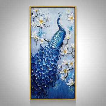 纯手绘油画玄关装饰画竖版现代简约客厅手工壁画定制厚油蓝孔雀挂画