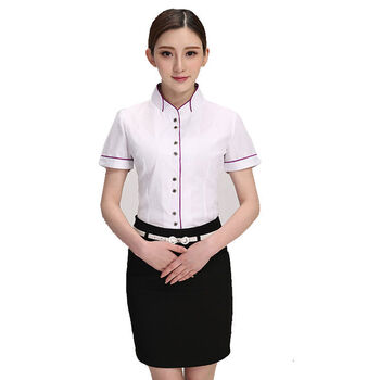 酒店茶楼前台收银工作服夏装女复古荷花领服务员短袖工装衬衣 白色 xl