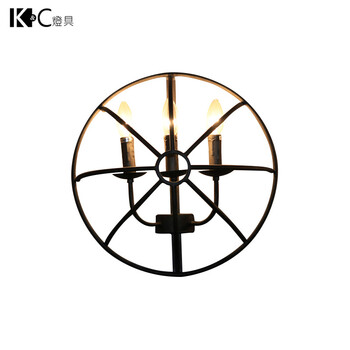 kc灯具 美式复古铁艺三头壁灯LOFT工业控铁笼走廊阳台玄关进门灯 含3枚蜡烛尖泡-HZ