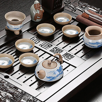 
                                        云品家居 大号实木紫砂整套茶具 汝窑茶具陶瓷套装四合一电磁炉 八仙过海古陶青花-不包电炉DB                