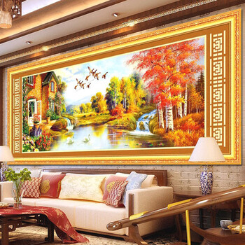 
                                        K-S精准印花十字绣套件新款客厅大幅财源滚滚金色富锦客厅大画 11CT棉线印花1.8米                