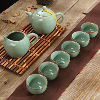 
                                        金镶玉 功夫茶具 8头美人哥窑套组 陶瓷茶杯茶壶公道杯整套                