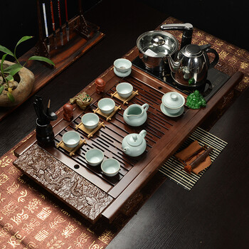 六里轩 祥龙  紫砂茶具功夫茶具套装四合一整套实木大茶盘茶海 木色祥龙如意高级整套茶具套餐六
