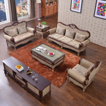 司库诺 咖啡色藤沙发 五件套 欧式客厅藤木沙发 藤椅沙发组合 单人