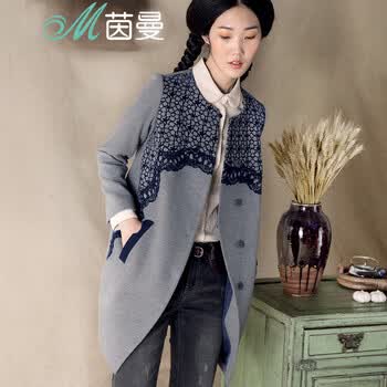 <em>茵曼</em> 2014<em>秋装</em>新款印花圆领中<em>长款</em>呢大衣毛呢