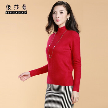 依莎曼秋冬新款 长毛貂 <em>短款</em> 镂空<em>半高领</em> <em>打底衫</em>