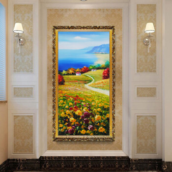 
                                        100%手绘油画 玄关装饰画竖版画走廊壁画挂画墙画田园欧式地中海风景画竖式有框画田园手工画 金色边框B款 80*160厘米                