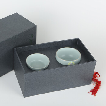 东道汝窑功夫茶杯 景德镇开片陶瓷对杯组品茗杯子 经典喜乐坐禅杯组对杯 新款礼盒装 月白色