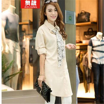 康安娜 2014秋春休闲中<em>长款</em>长袖<em>翻领开衫女</em>衬