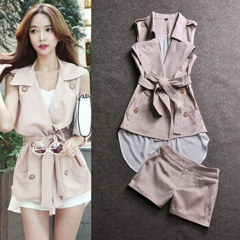 欧洲站2014雪纺拼接双扣无袖<em>风衣 短裤套装</em>F