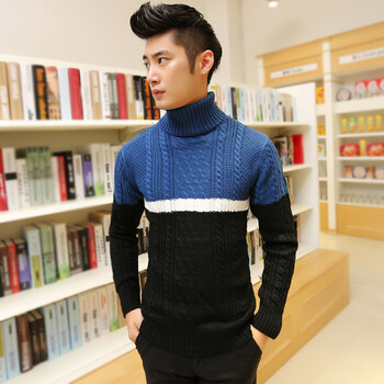 2014新款秋冬男士<em>高领</em>保暖撞色<em>粗线</em>羊毛衫 男
