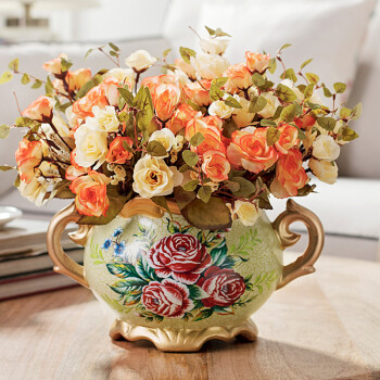 
                                        奇居良品（CREATE FOR LIFE）  欧式摆件 仿真花假花装饰花卉绢花花艺套装 瓦特尔A款花瓶+6束香槟色玫瑰                