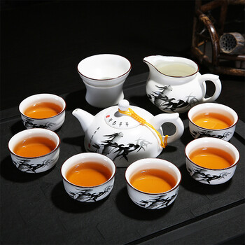 
                                        香自吟 定窑白瓷茶具套装全套简约整套陶瓷功夫茶具盖碗茶壶茶杯公道杯茶滤家用套装泡茶具10头 定窑手绘墨竹10头茶具套组                