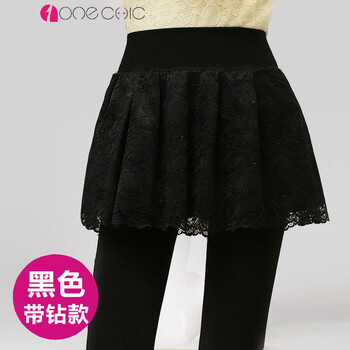 ONECHIC 秋冬季女装新款韩版百搭弹力修身显瘦加绒加厚假两件踩脚打底裤裙女 黑色带钻 均码 正常发货
