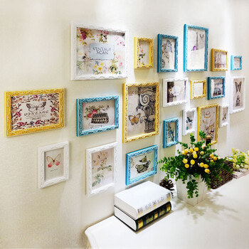 雕花实木照片墙 欧式复古20相框墙创意组合装饰相片墙画框 S6-20 复古黄蓝白相框+画芯
