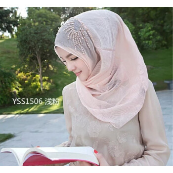 穆斯林时尚纱巾套头巾棉线勾花图案回族方便盖头 淡粉色