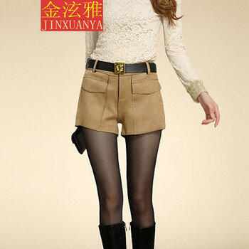 金泫雅2015秋冬加厚<em>鹿皮绒短裤</em>百搭毛边不规