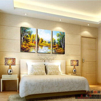 纯手绘油画 客厅装饰画无框画壁画墙壁挂画墙画三拼风景画聚宝盆 50年不褪色 50*70厘米*3
