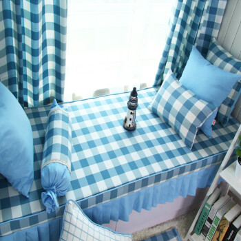 高密度海绵飘窗垫子窗台垫定制 订做加厚纯棉帆布蓝色格子窗台垫 3CM海绵60元每平米