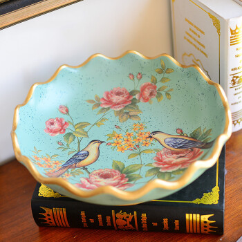 墨菲 欧式田园陶瓷水果盘创意家居客厅茶几干果盘装饰品糖果盘摆件 双鸟花卉 果盘