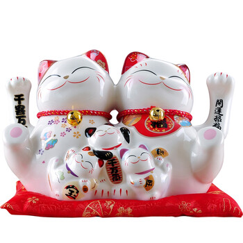 
                                        金石工坊 开业礼品 店铺摆设 陶瓷招财猫摆件 大号电动摇手猫  日本 五福开运招手猫双手招                