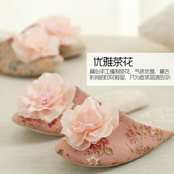 恋步花朵居家亚麻凉拖鞋软底女神款家居棉拖鞋女夏秋季 粉红山茶花-小码 小码-适合35/38脚穿