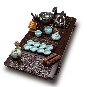 祥业进口高级黑檀木整套功夫茶具套装 整块红木实木茶盘龙泉青瓷茶具 4合一抽水电热炉多款可选 D款祥龙瑞意黑檀茶具大套组