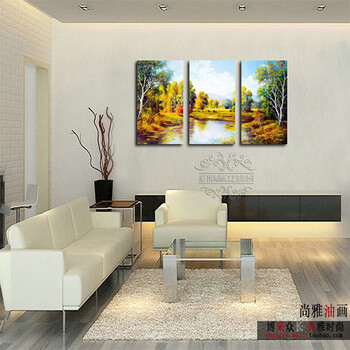 纯手绘油画 客厅装饰画无框画壁画墙壁挂画墙画三拼风景画聚宝盆 50年不褪色 50*70厘米*3