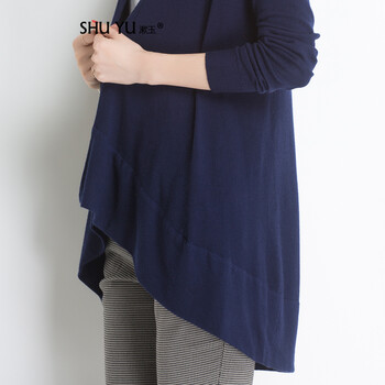 漱玉2015春季新款针织衫女式开衫中长款春秋薄款外套女拼接大摆外搭毛衣女 藏青色 MG6555-均码