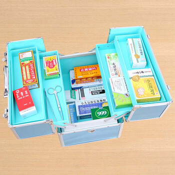 
                                        俊葳土豪金家用便携式药品收纳箱 家庭用急救箱 医药箱  出诊箱 彩色整理箱 镜面蓝 E5011-2                