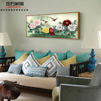 金石原创客厅卧室挂画 李晓明国画牡丹 新中式风格酒店装饰墙画 A款单幅价格 60*120韩国烫膜框原木色