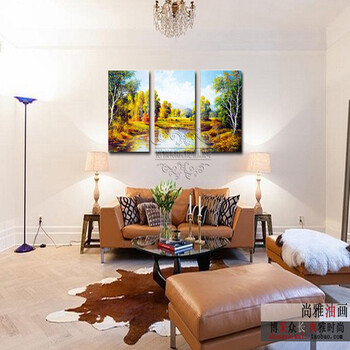 纯手绘油画 客厅装饰画无框画壁画墙壁挂画墙画三拼风景画聚宝盆 50年不褪色 50*70厘米*3