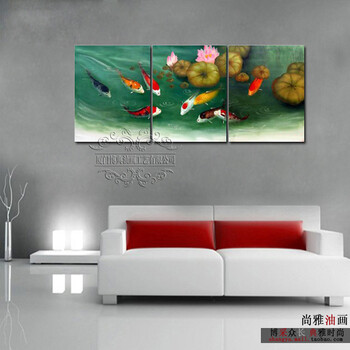 锦鲤九鱼图手绘油画客厅装饰画餐厅无框画三联壁画墙壁挂画中式画 50*70厘米*3