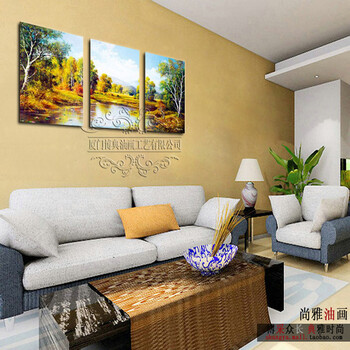 纯手绘油画 客厅装饰画无框画壁画墙壁挂画墙画三拼风景画聚宝盆 50年不褪色 50*70厘米*3