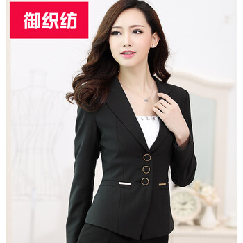 御织纺新春小西装三粒扣修身小西装韩版长袖小西装气质修身单排扣小西装 黑色套装 M
