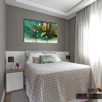 锦鲤九鱼图手绘油画客厅装饰画餐厅无框画三联壁画墙壁挂画中式画 50*70厘米*3