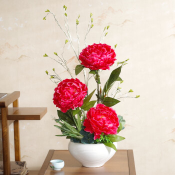 牡丹真花套装客厅玄关假花摆件花艺装饰室内绢花盆栽仿真花卉 玫红色