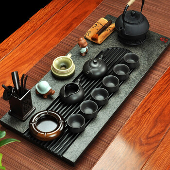 唐丰茶具紫砂哥窑功夫茶具黑金石茶盘茶具套装大号乌金石茶台紫砂壶茶具配铁壶TF-2433 黑金石聚贤茶老头套装