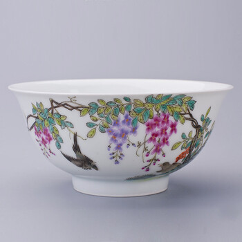
                                                            梵尼威 仿清雍正粉彩【花鸟紫藤大碗】景德镇陶瓷全手工仿古瓷器茶杯单杯观赏摆设家居装饰品摆件                