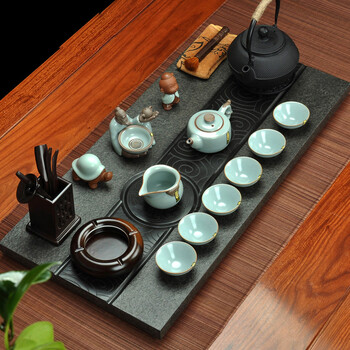 唐丰茶具紫砂哥窑功夫茶具黑金石茶盘茶具套装大号乌金石茶台紫砂壶茶具配铁壶TF-2433 黑金石聚贤茶老头套装