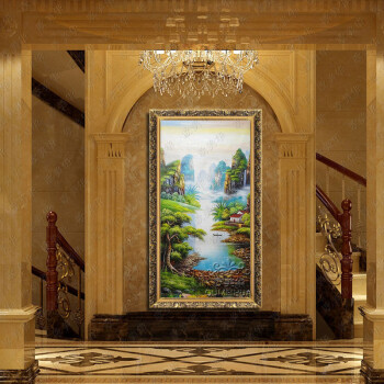 
                                        欧美华手绘油画中式山水风景聚宝盆 有框画 客厅卧室玄关办公室书房装饰壁画风水画 25号贴金箔框9厘米 90*170厘米                