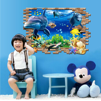 
                                        省心卡通墙贴个性童房装饰画3D立体效果卧室海报网吧装饰画学生宿舍海豚                