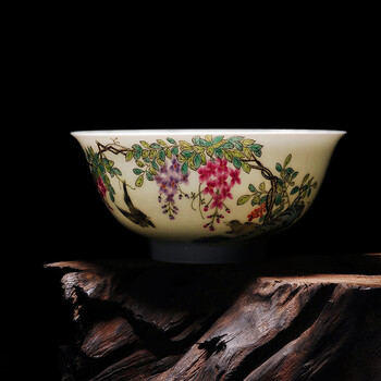 
                                                            梵尼威 仿清雍正粉彩【花鸟紫藤大碗】景德镇陶瓷全手工仿古瓷器茶杯单杯观赏摆设家居装饰品摆件                