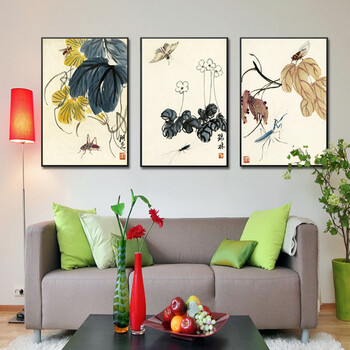 
                                        格丽名家名画 齐白石国画装饰字画原版艺术喷绘画 植物壁画中式田园风格客厅装饰画挂画有框画 三联组合 70*90cm                